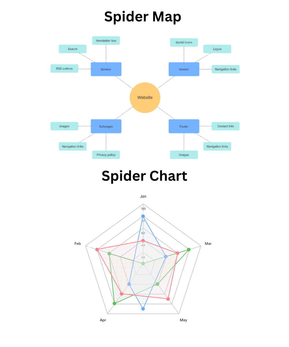 Spider map vs spider chart example with website structure and data visualization