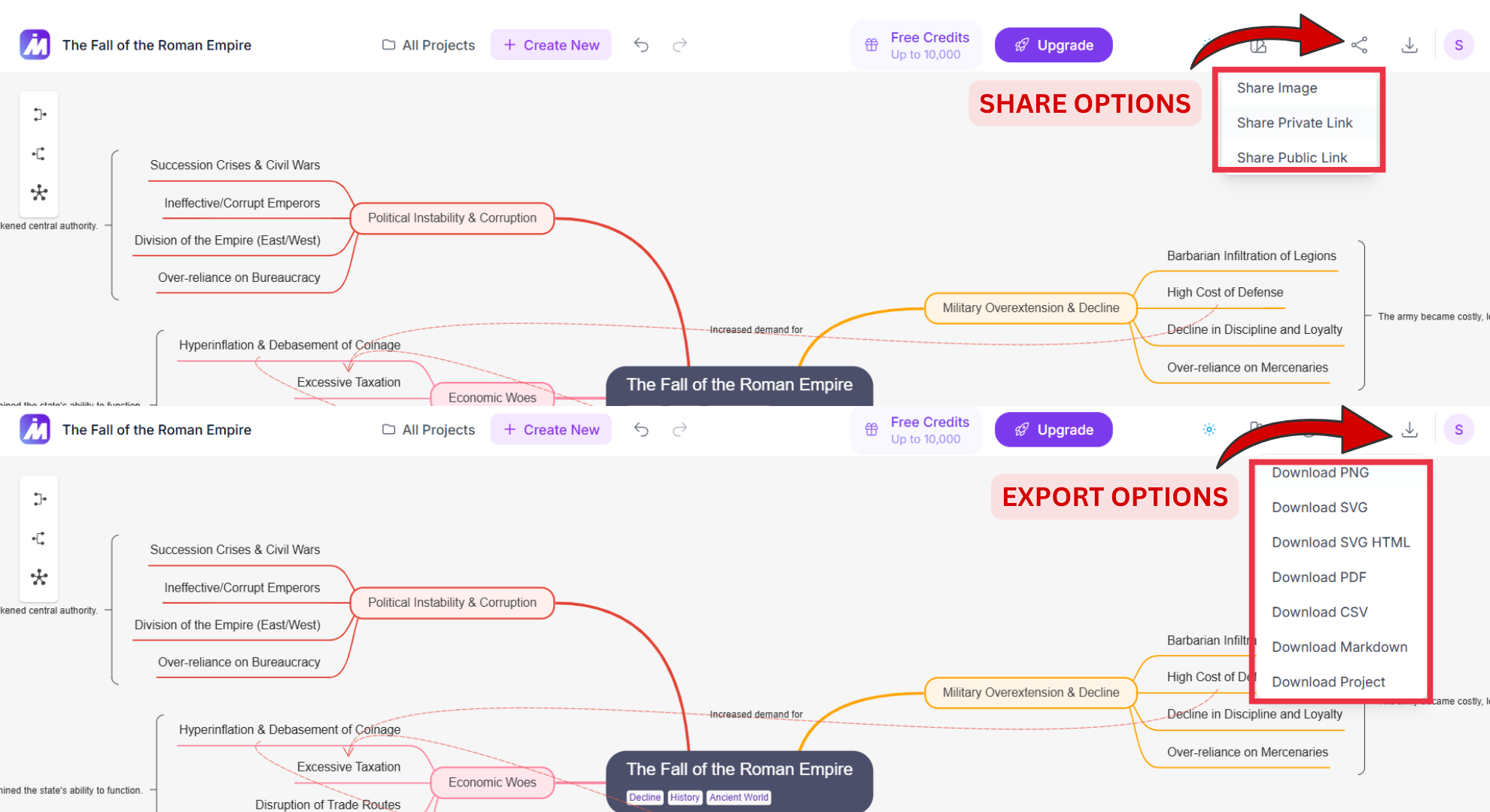 Share options and Export options screenshot of MindMap AI