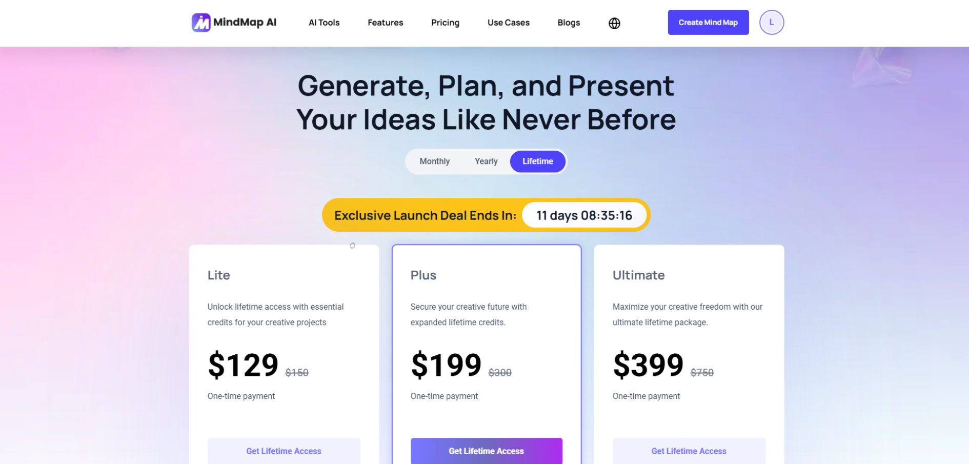 MindMap AI lifetime deal pricing 2025 — one-time payment plans starting at $129