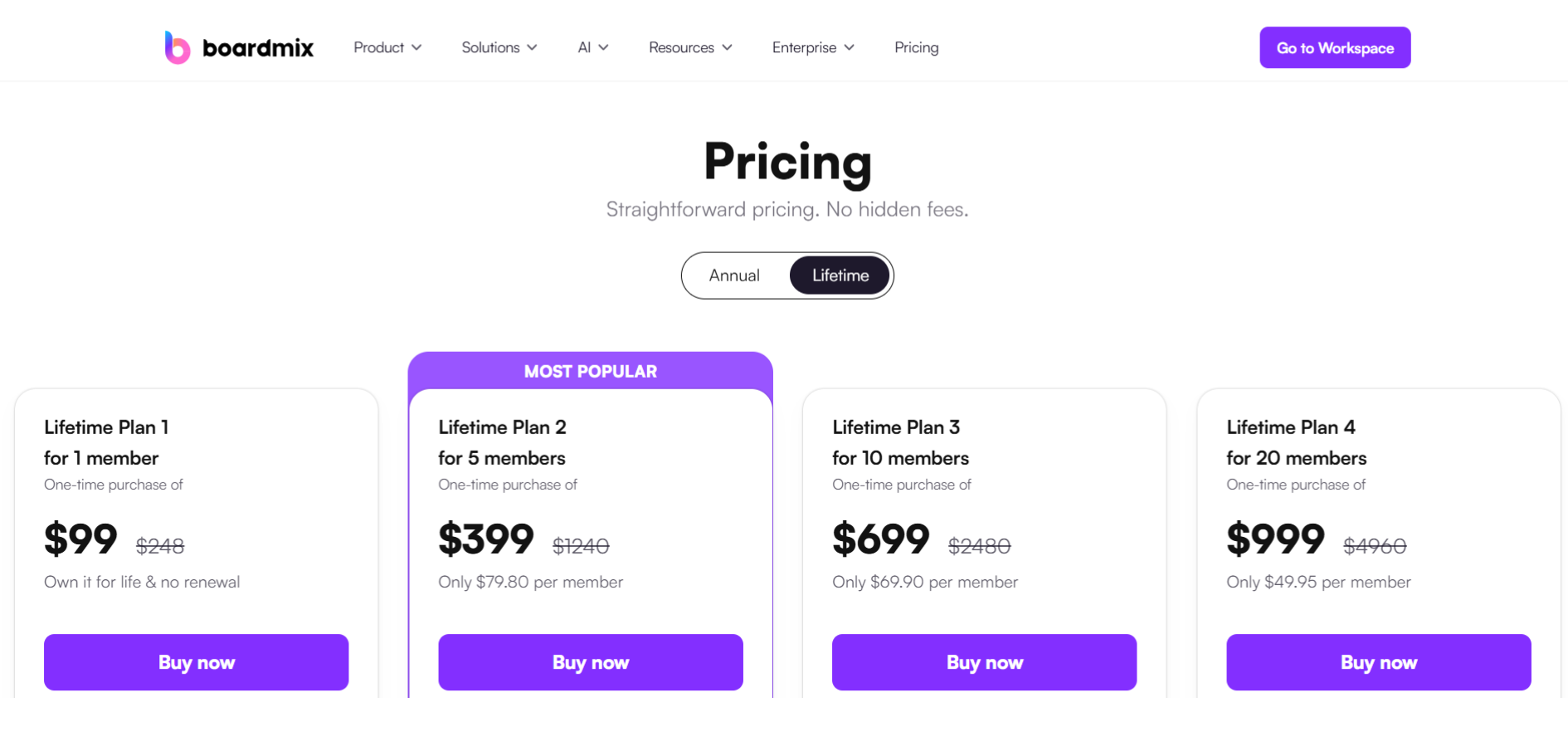 BoardMix lifetime deal pricing 2025 — collaboration plans from $99 to $499 one-time
