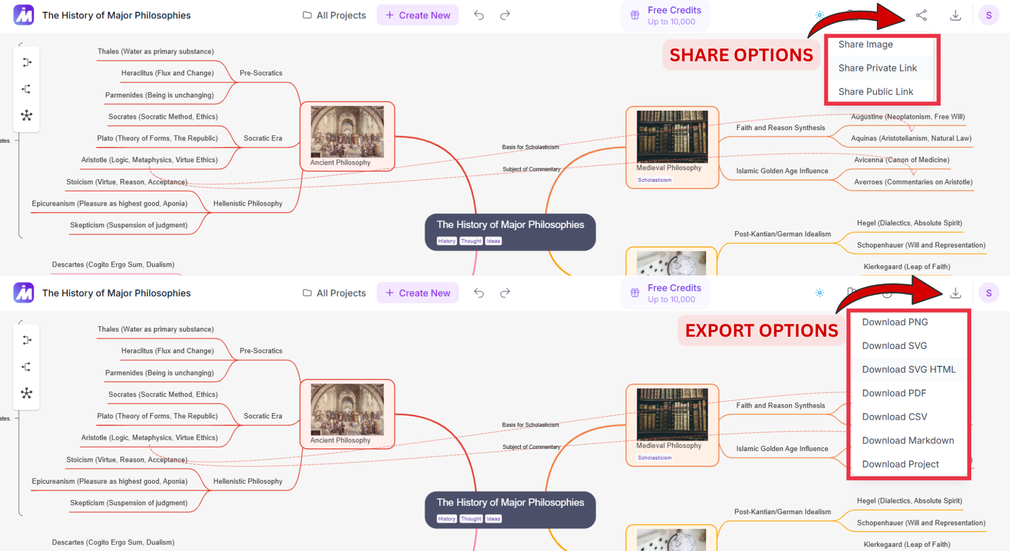 Share options and Export options screenshot of MindMap AI