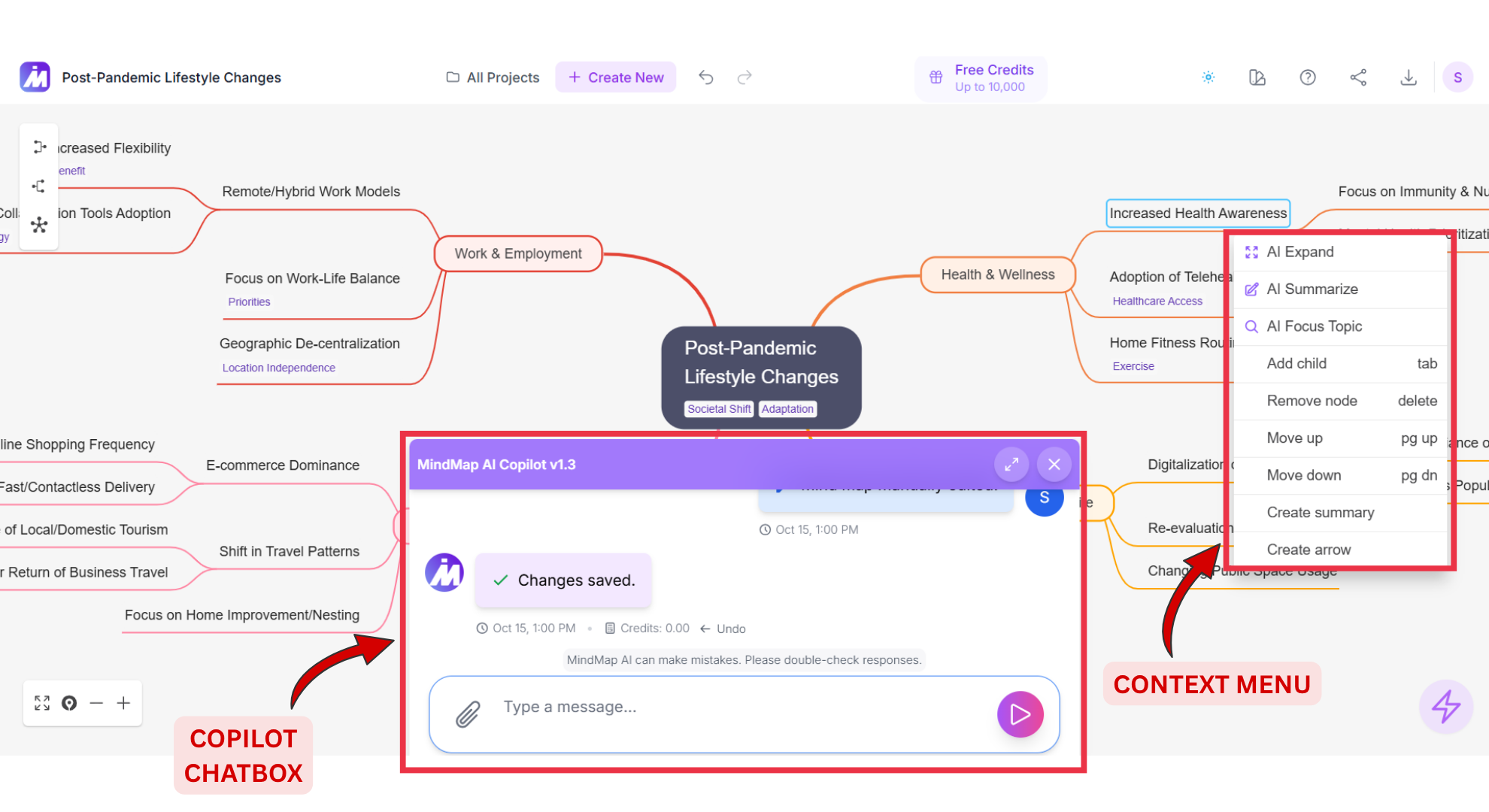 Copilot chat box and context menu screenshot of MindMap AI