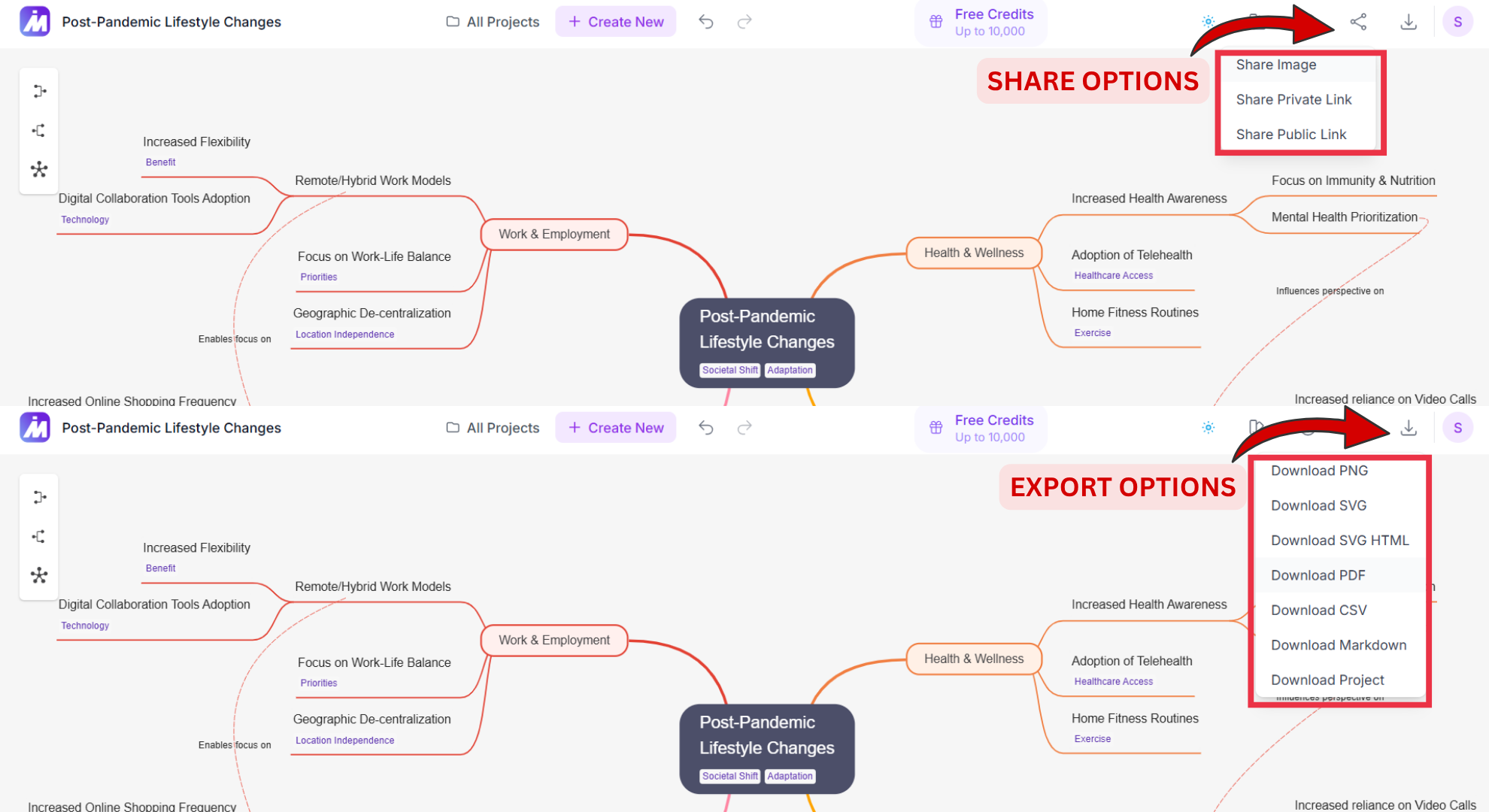 Share & Export options screenshot of MindMap AI