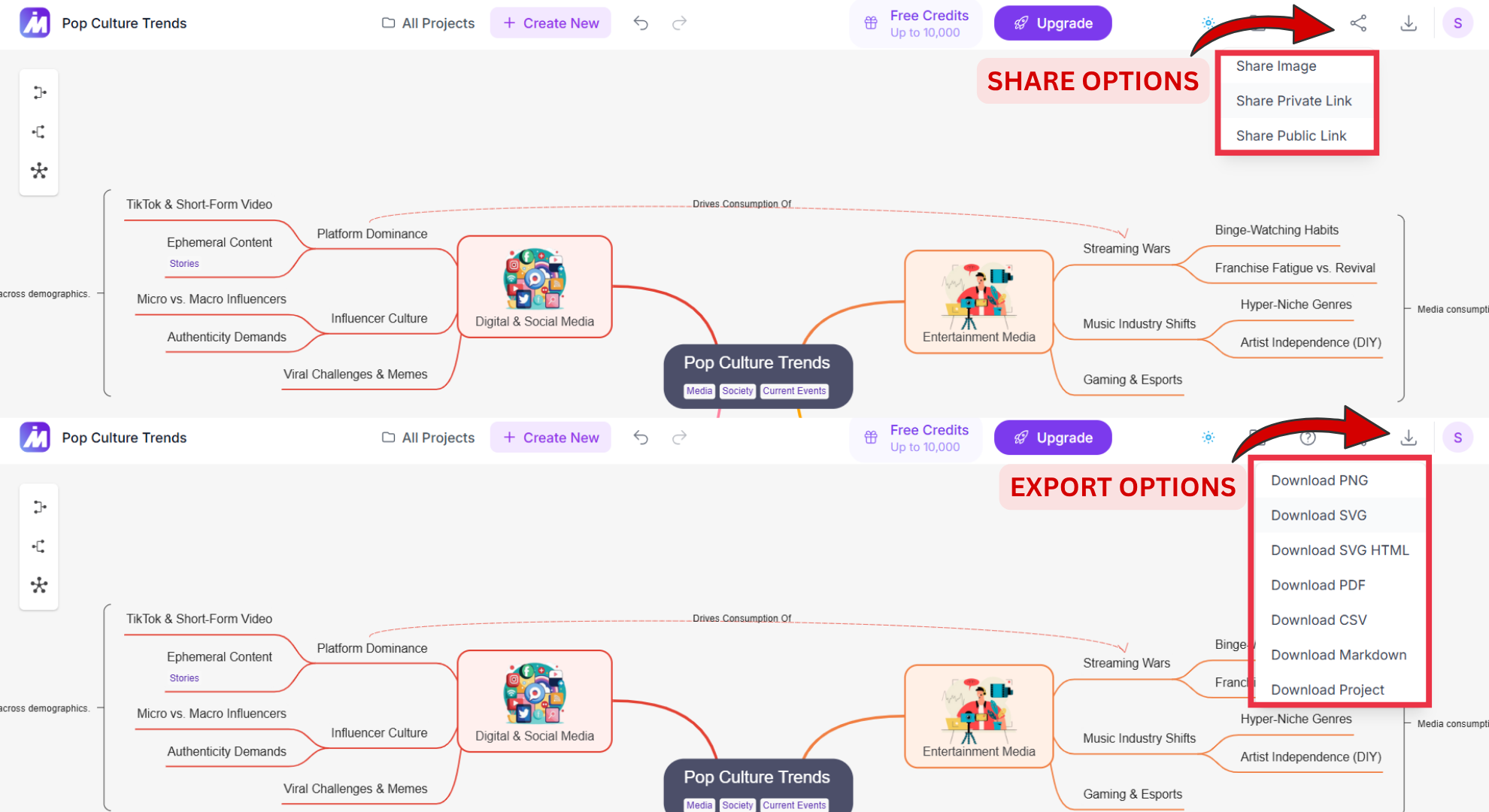 Share & Export options screenshot of MindMap AI