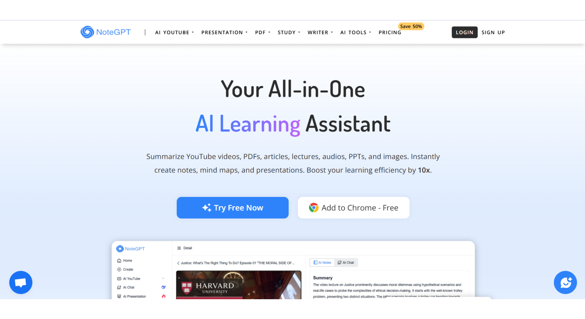 NoteGPT tool home screen screenshot
