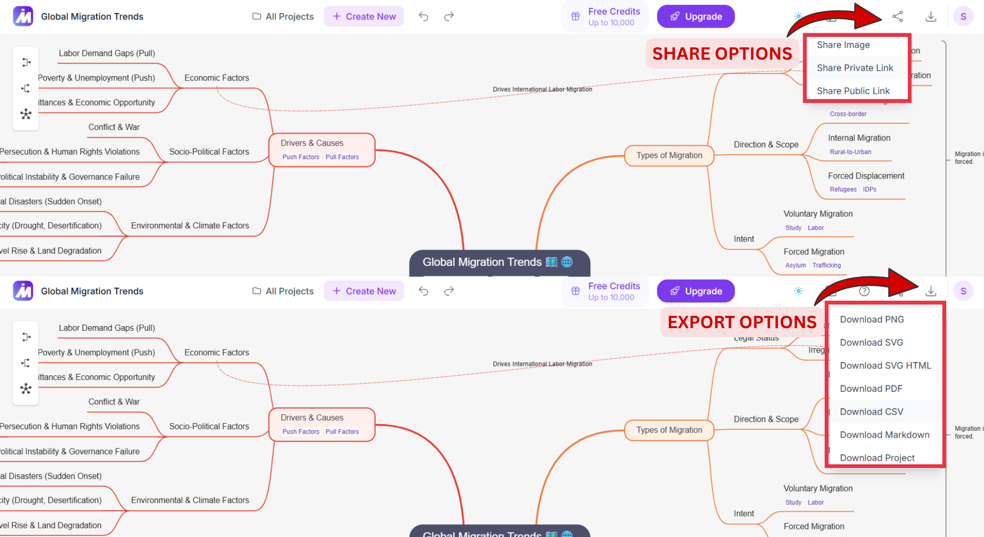 Share & Export options screenshot of MindMap AI