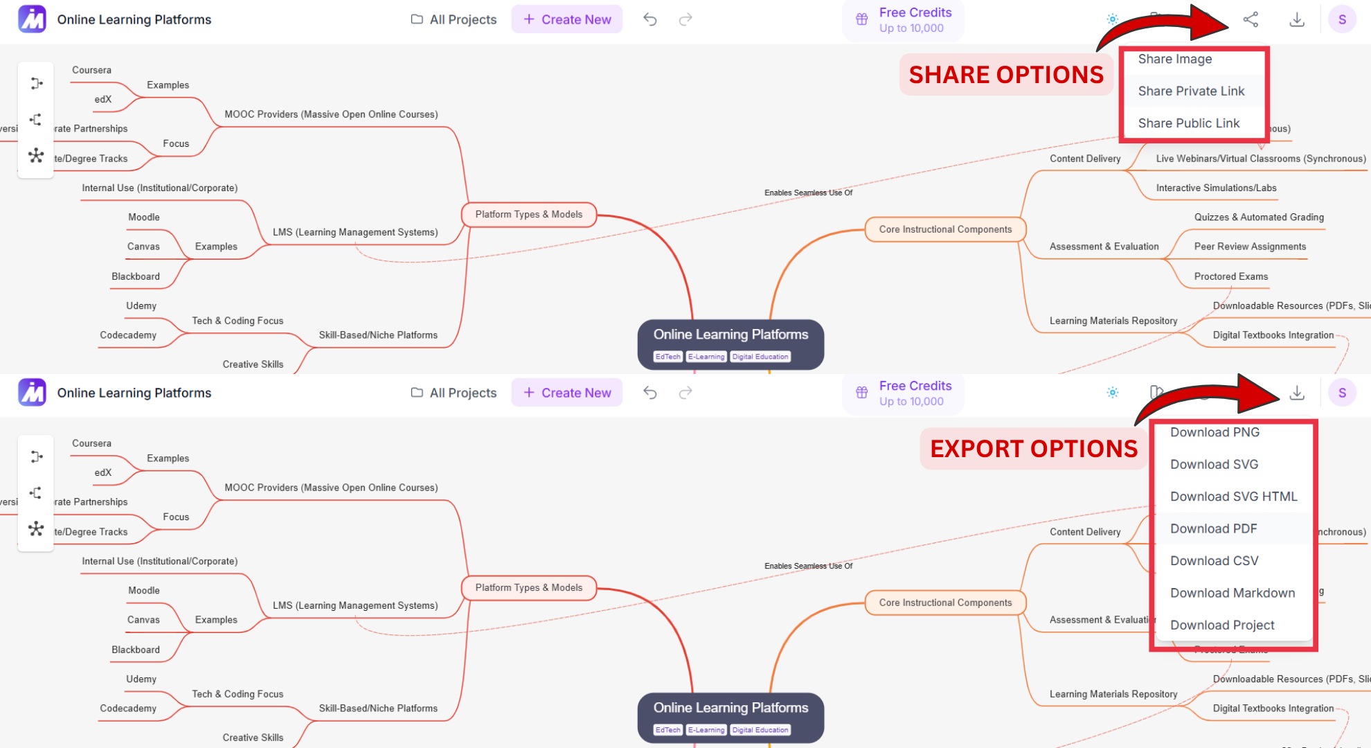 Share & Export options screenshot of MindMap AI