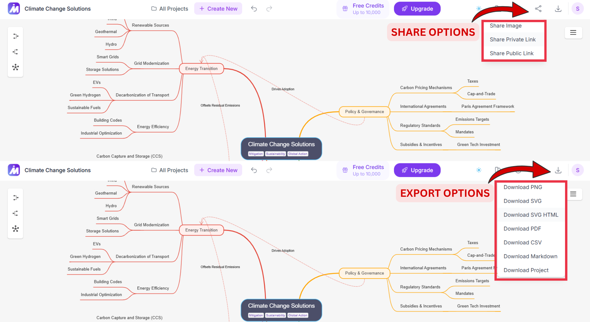 Share & Export options screenshot of MindMap AI