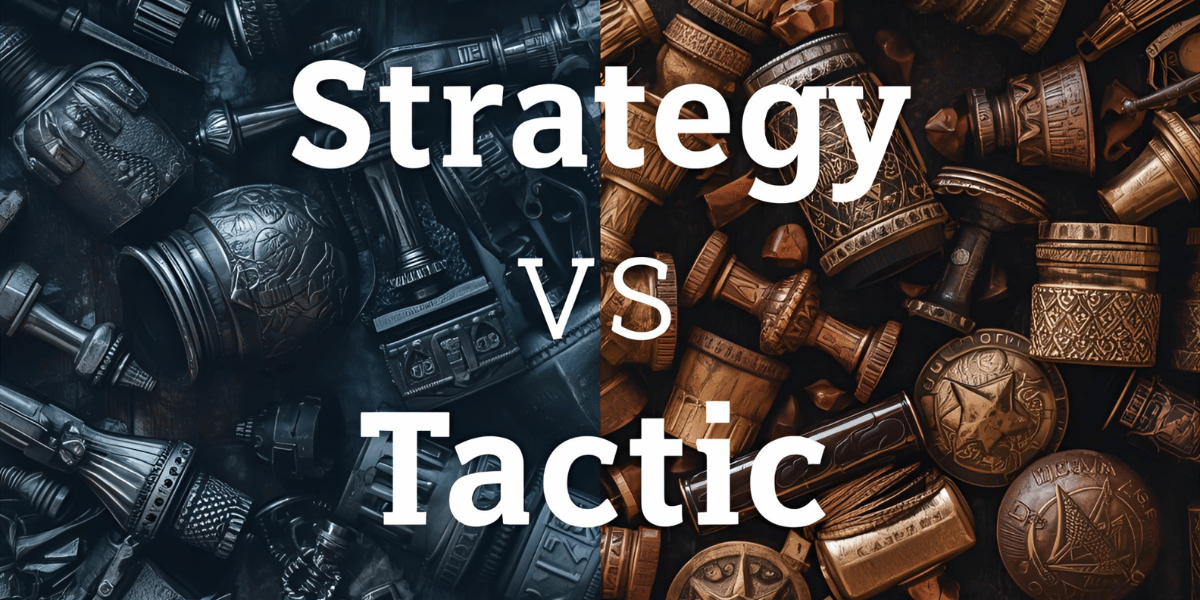 Strategy vs Tactic visual with contrasting chess-style pieces symbolizing long-term planning versus short-term actions in business strategy