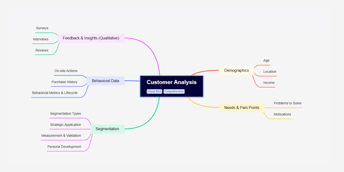 Customer segmentation mind map showing demographics, behaviors, pain points, and feedback clusters