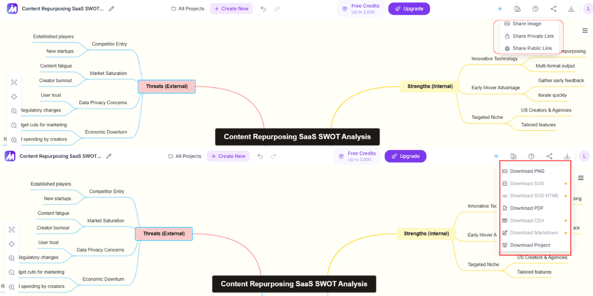 Export options screen
