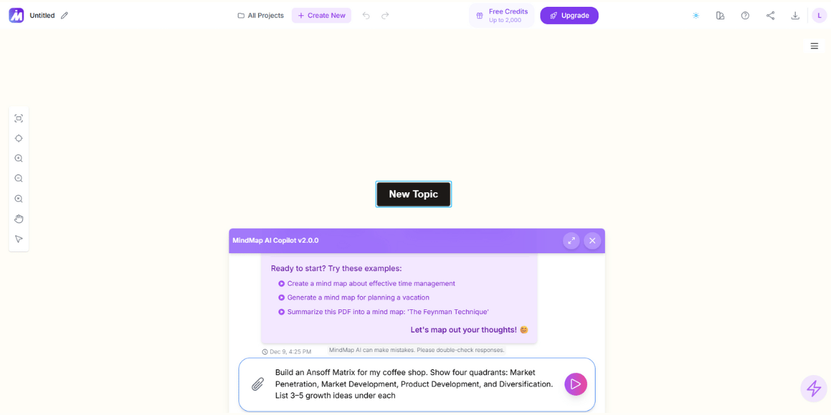 MindMap AI prompt interface showing Ansoff Matrix instruction