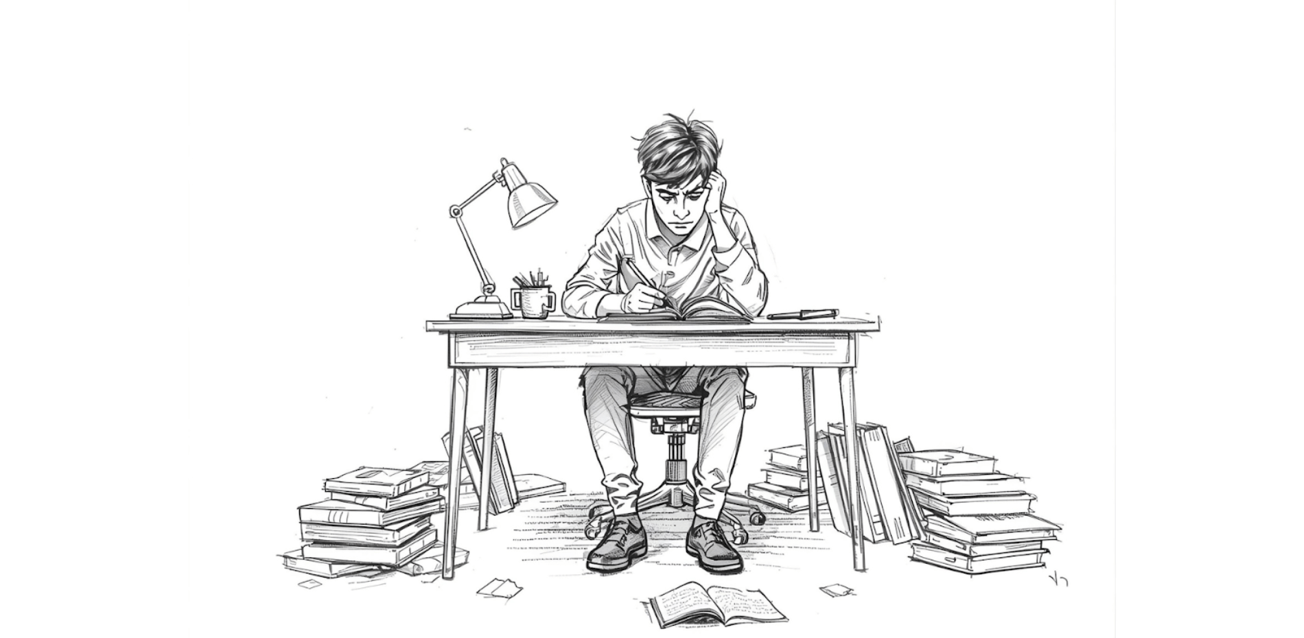 Illustration of ADHD study struggle—student head-down at a chaotic desk, books everywhere, focus difficulties.