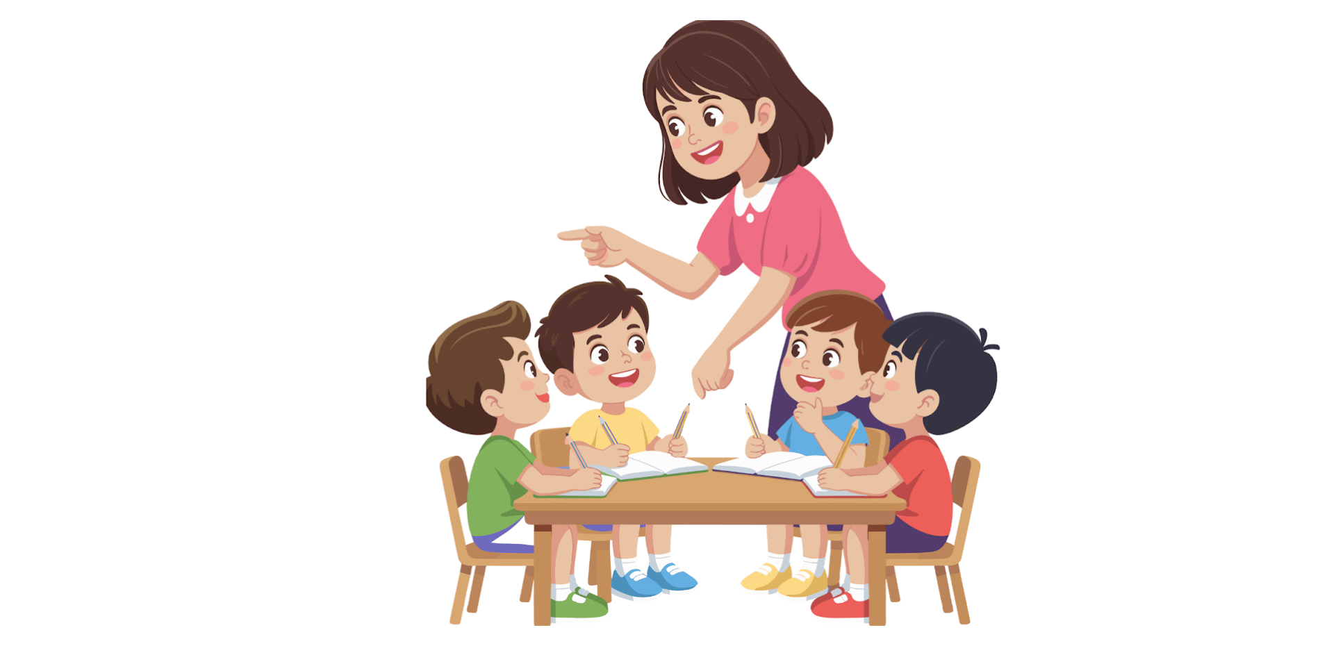 Teacher guiding diverse group of young students with dysgraphia during writing lesson at classroom table