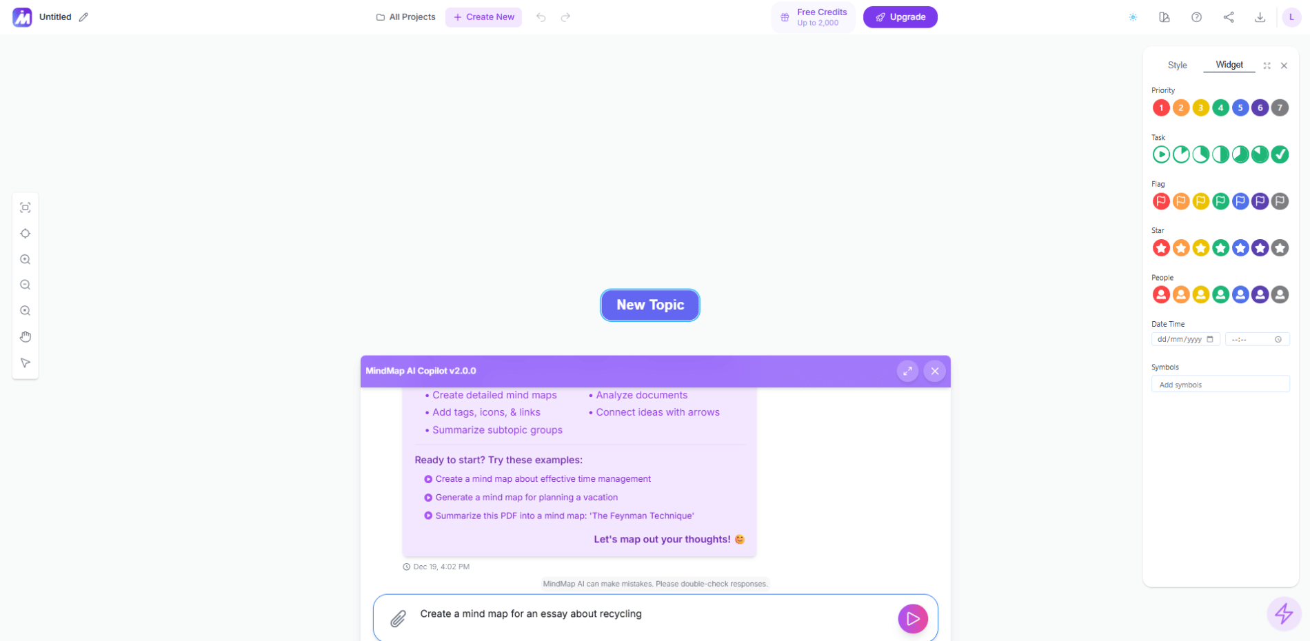 MindMap AI interface displaying a user prompt