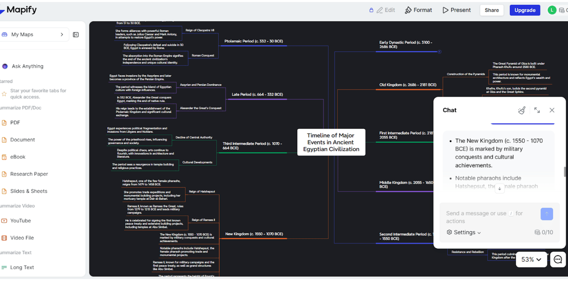 Mapify app interface displaying guided question-based mind map creation process
