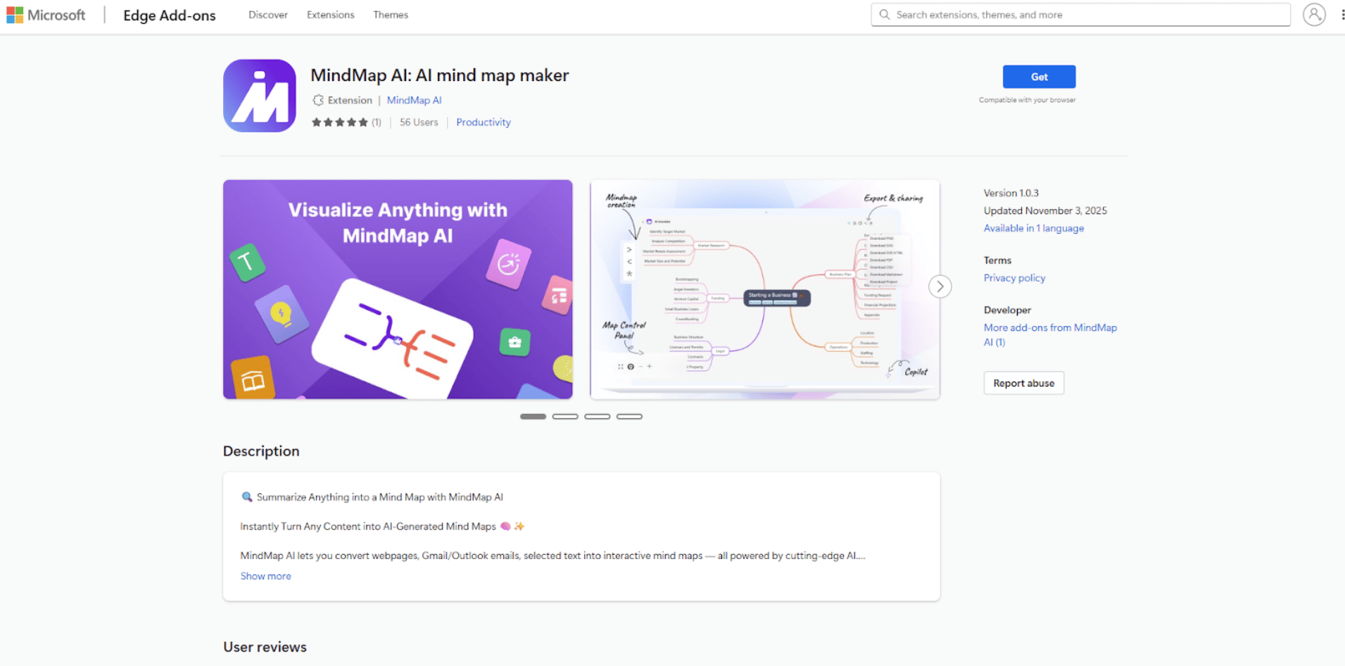 Screenshot of the MindMap AI Edge extension