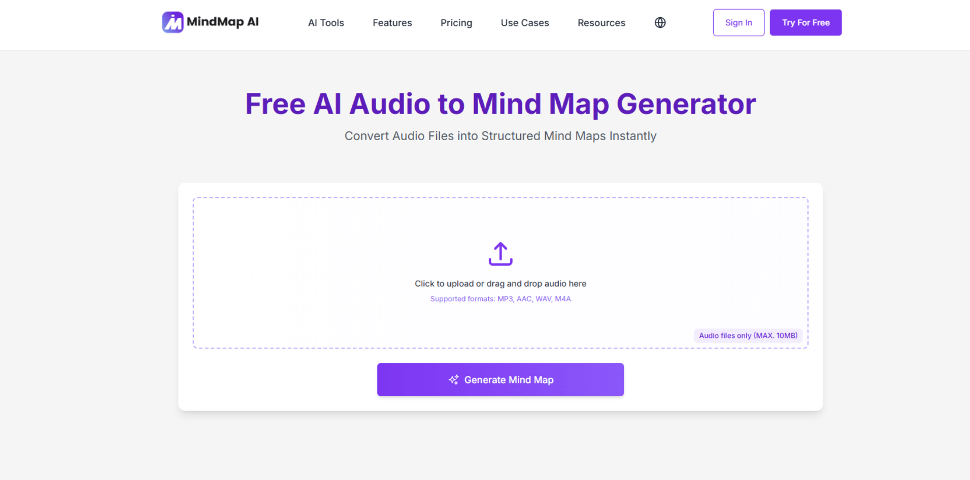 Mindmap ai’s audio Summarizer screenshot