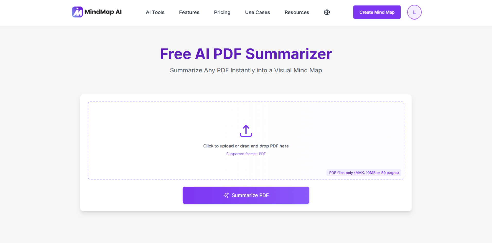 Mindmap ai's PDF Summarize screenshot