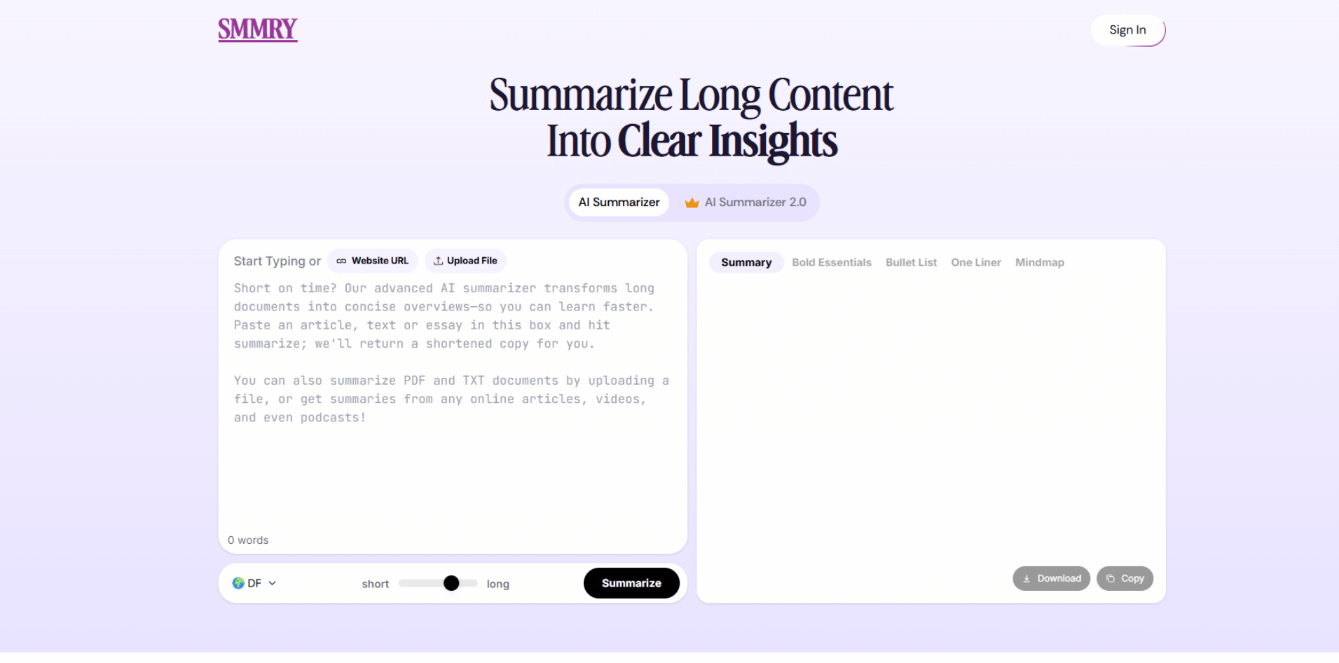 SMMRY's text Summarizer screenshot